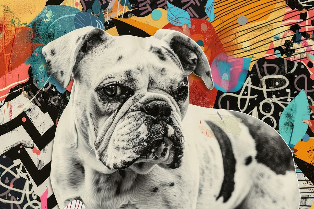 Paper collage of bulldog animal canine mammal.