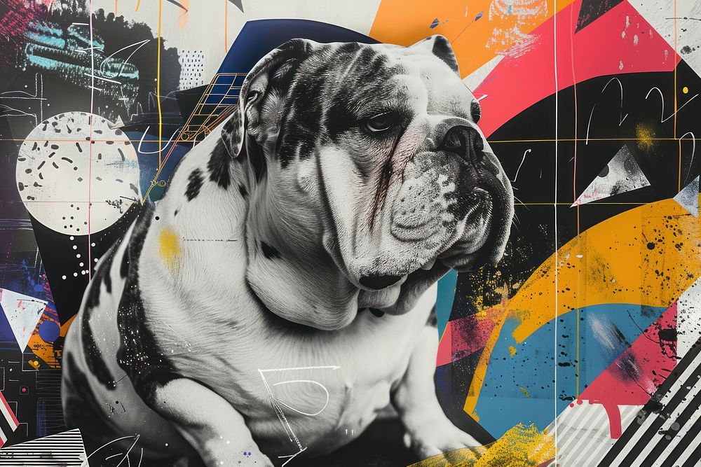 Paper collage of bulldog animal canine mammal.