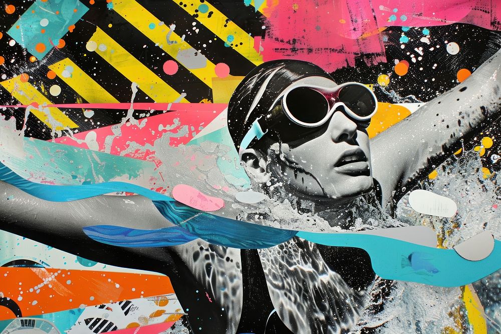 Paper collage of person swimming advertisement accessories sunglasses.