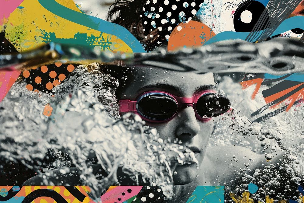 Paper collage of person swimming portrait photo accessories.