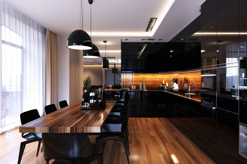 Modern kitchen furniture indoors floor.