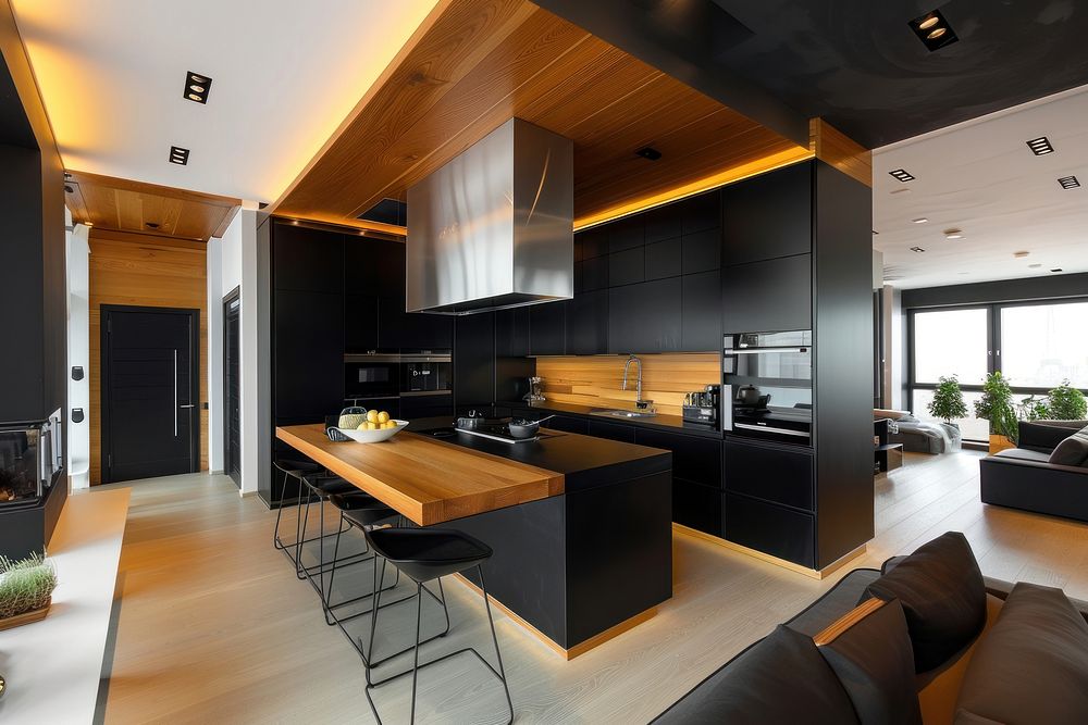 Modern kitchen furniture indoors wood.