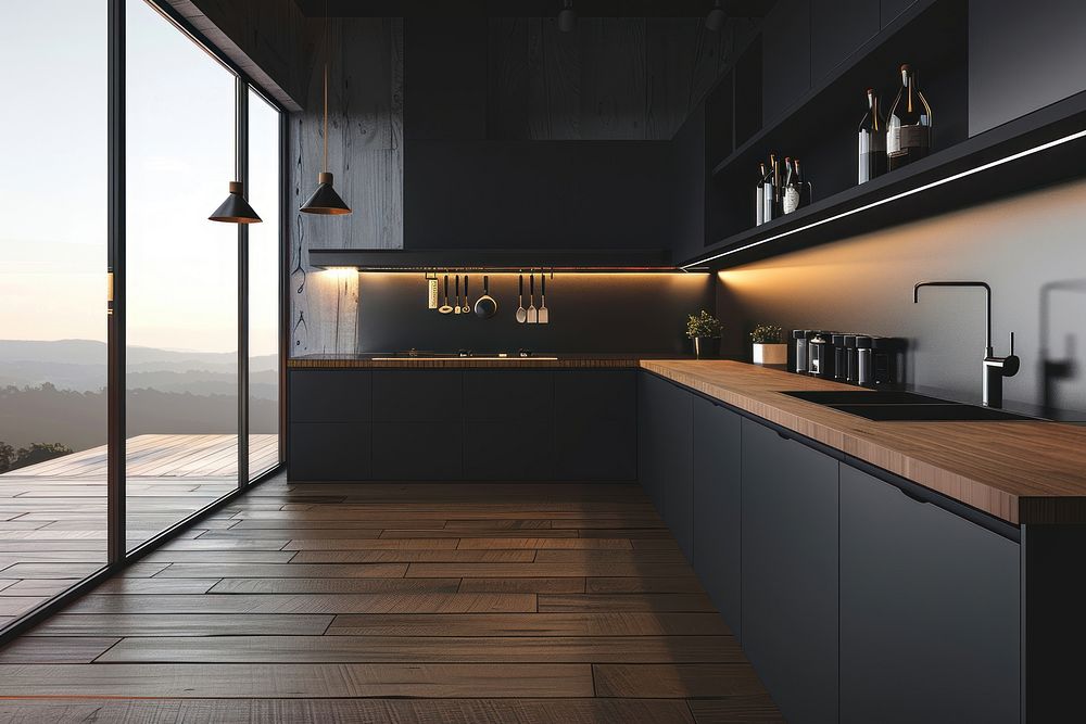 Modern kitchen floor wood indoors.