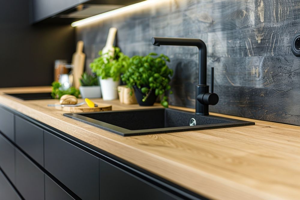 Modern kitchen blackboard indoors plant.