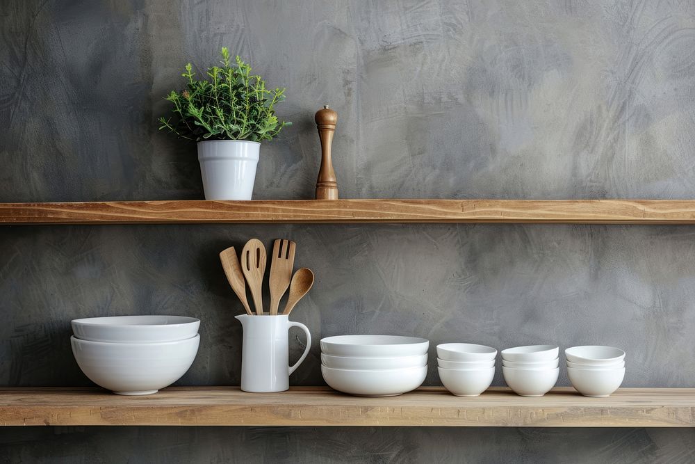 Kitchen utensils plant shelf wood.