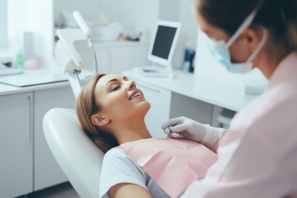Female Dentist Treating Teeth Of Patient dentist electronics clothing.