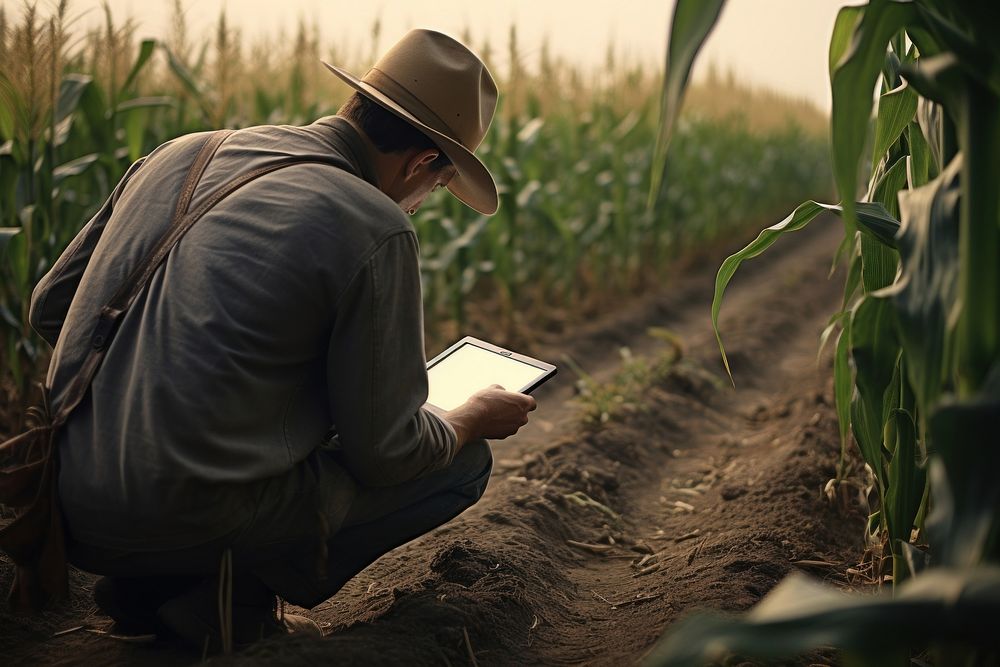 Human using a tablet at a corn field factory photo agriculture countryside.