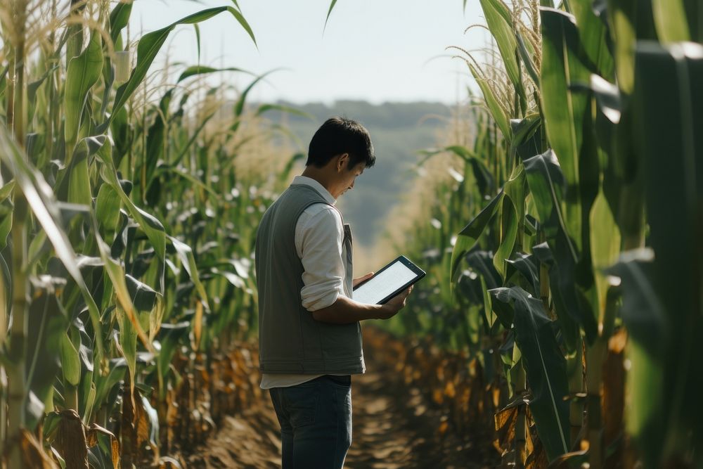 Human using a tablet at a corn field factory agriculture countryside vegetation.
