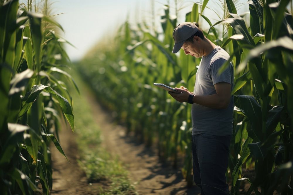 Human using a tablet at a corn field factory photo accessories agriculture.