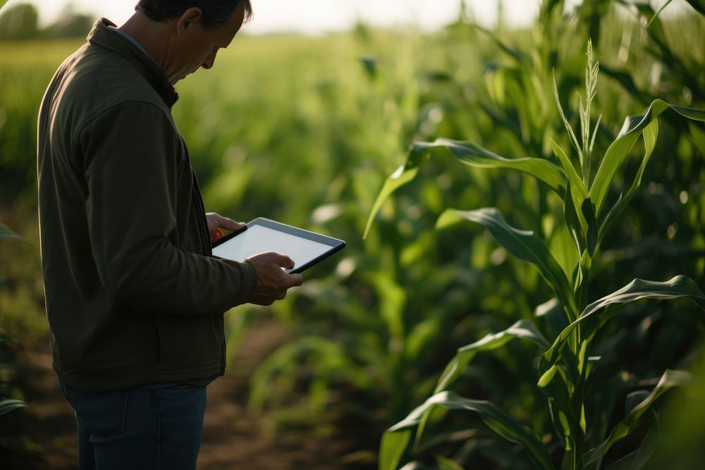 Human using a tablet at a corn field factory electronics computer outdoors.
