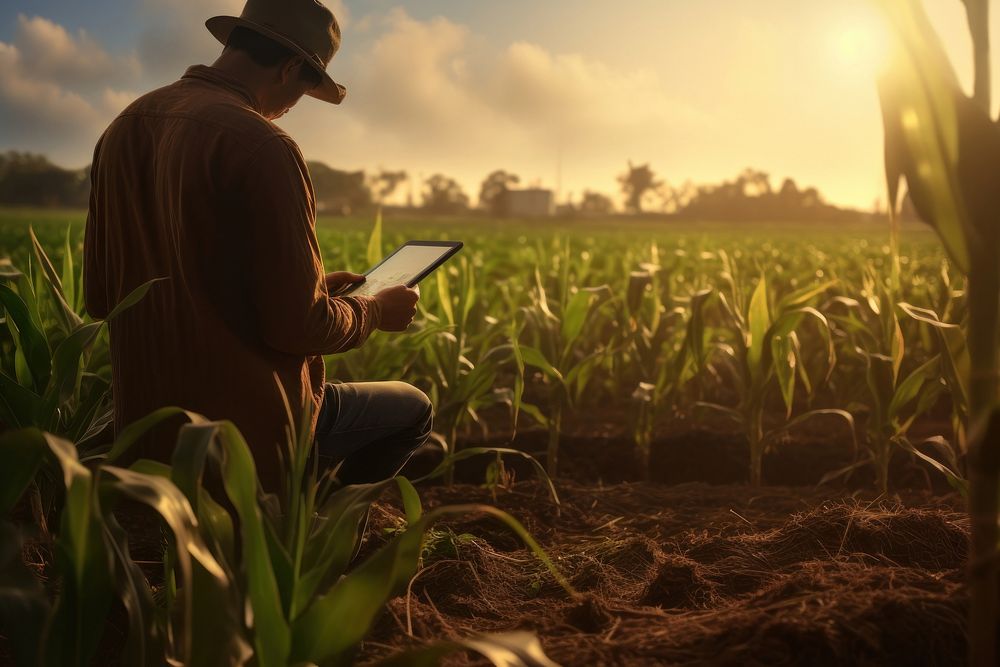 Human using a tablet at a corn field factory photo photography agriculture.