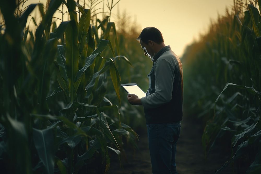 Human using a tablet at a corn field factory outdoors reading person.