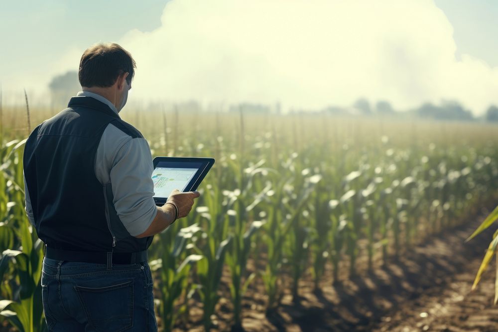 Human using a tablet at a corn field factory photo electronics photography.