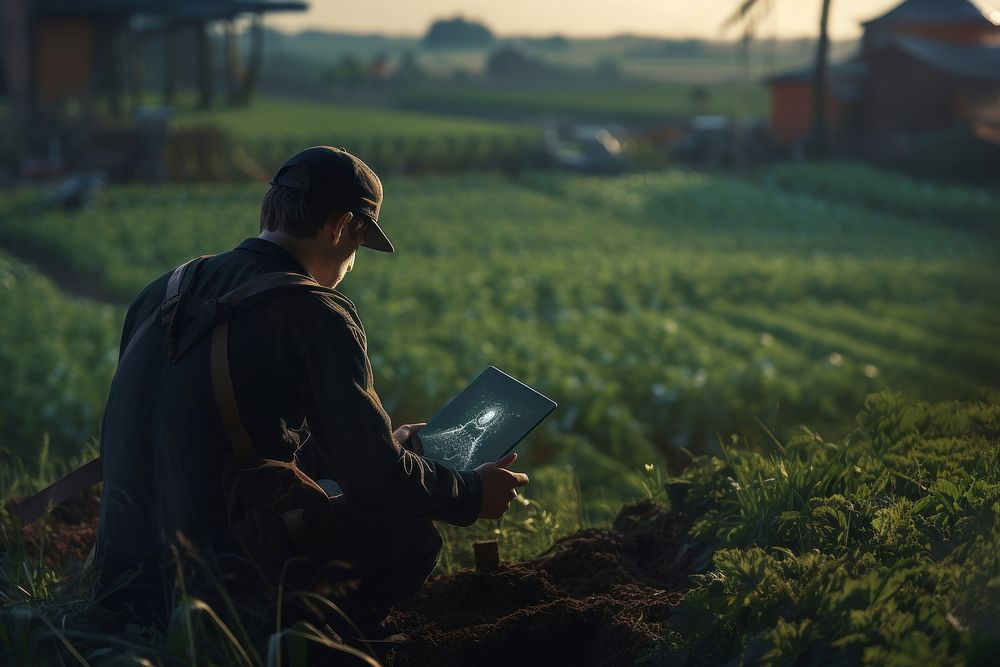 Human using a tablet at a field factory photo photography agriculture.