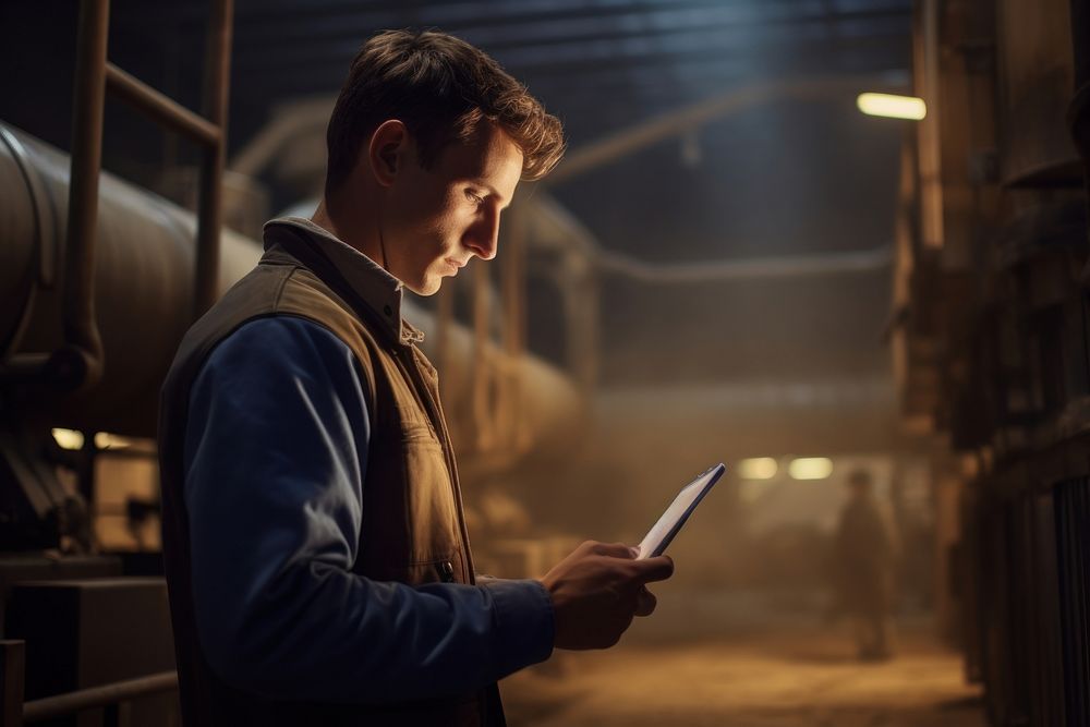 Human using a tablet at a agriculture factory electronics person adult.