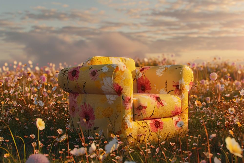 Yellow armchair flower furniture grassland.