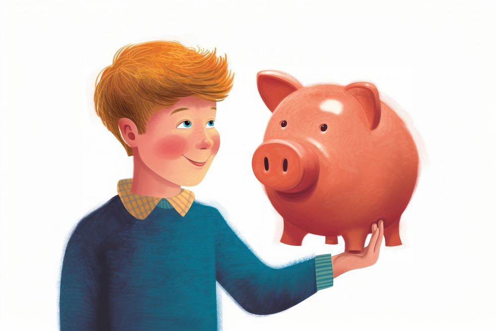 Kid holding piggy bank person animal mammal.