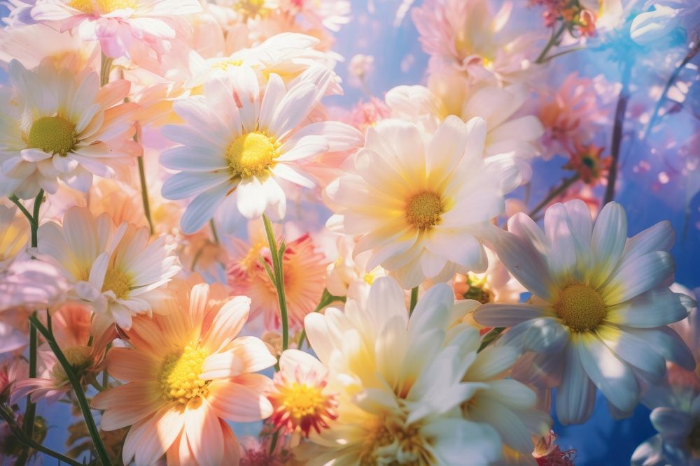 Sunlight scene with Various flowers colorfull asteraceae outdoors blossom.