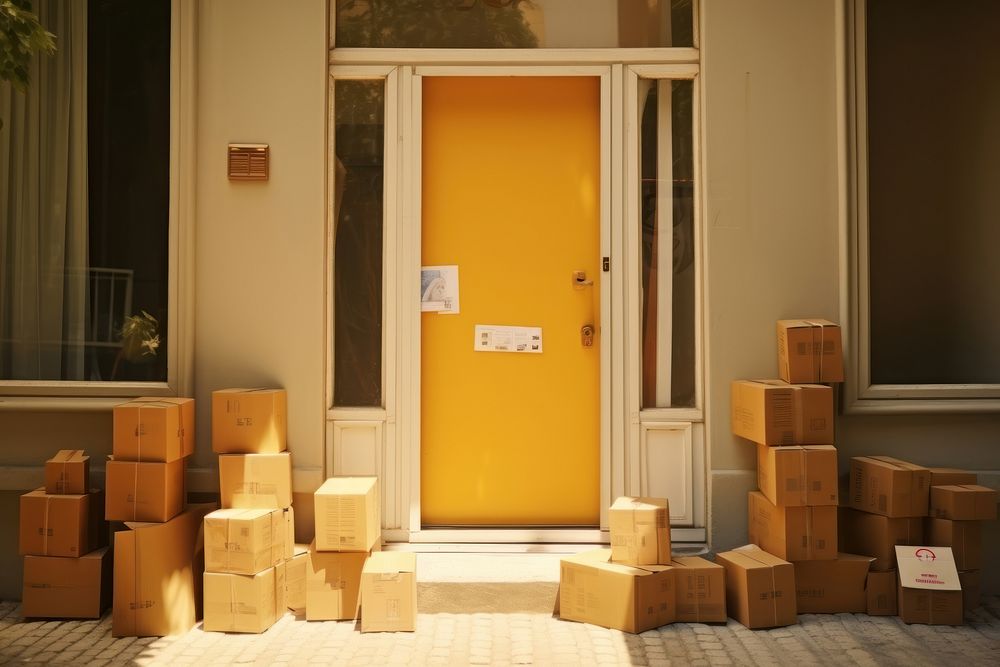 Front door with Many postal parcel boxes cardboard package carton.