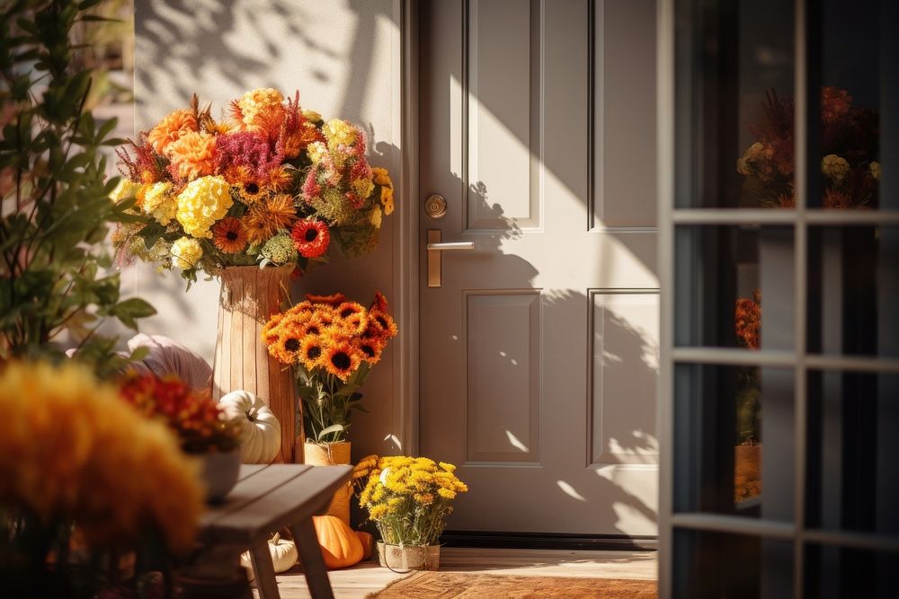 Front door with fall decor flower architecture building.