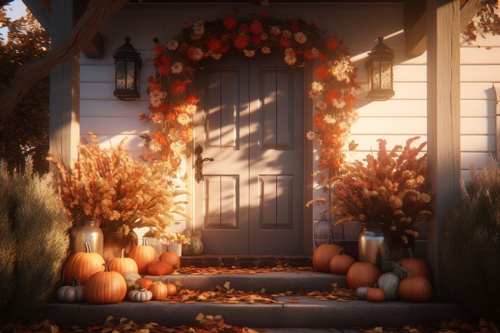 Front door with fall decor architecture vegetable building.
