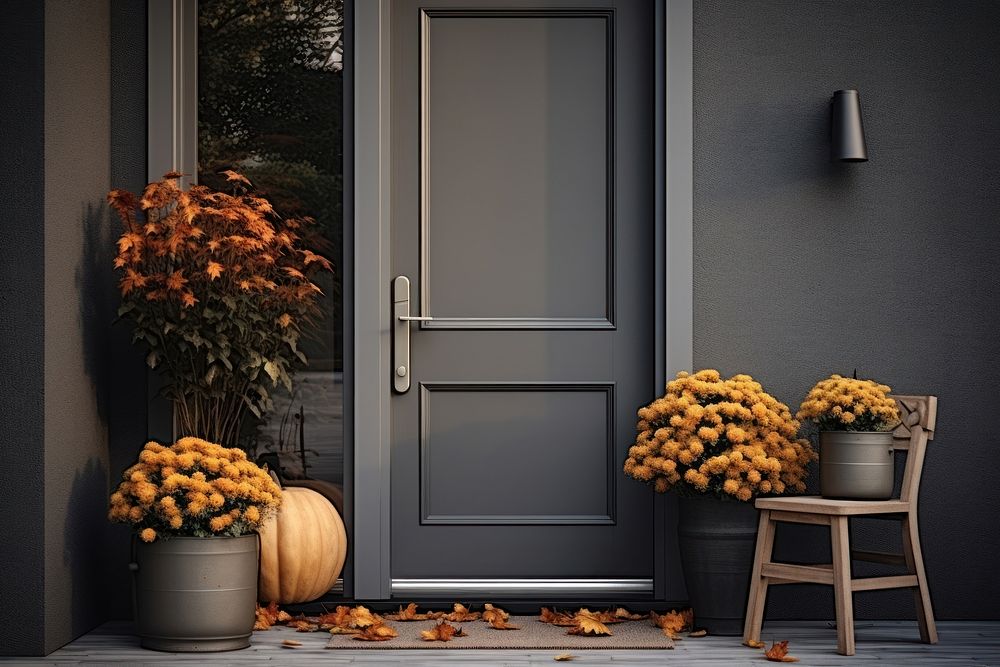 Front door with fall decor architecture furniture building.