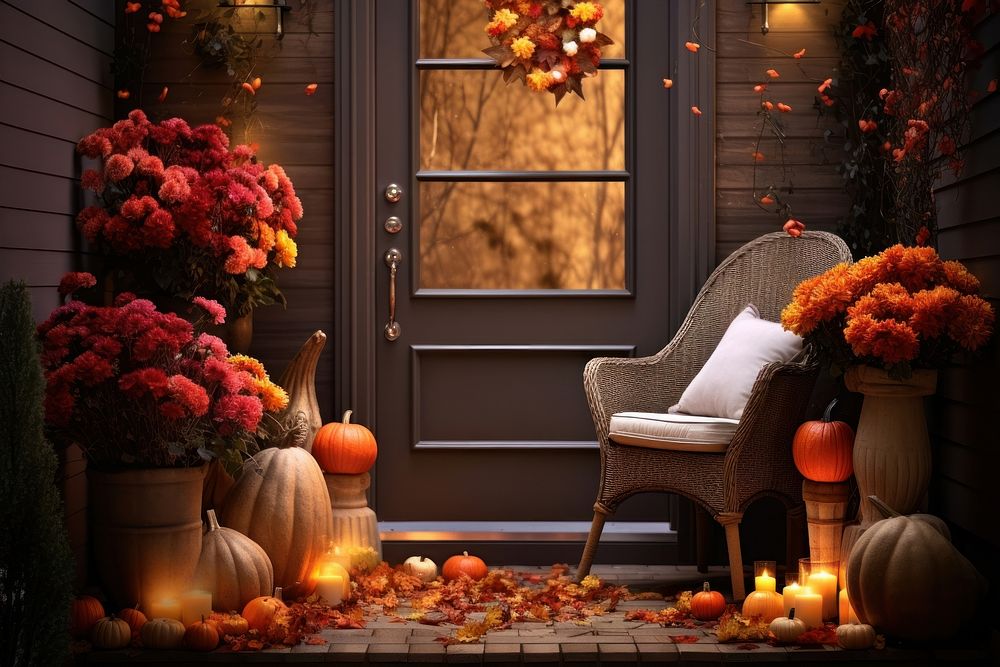 Front door with fall decor flower architecture furniture.