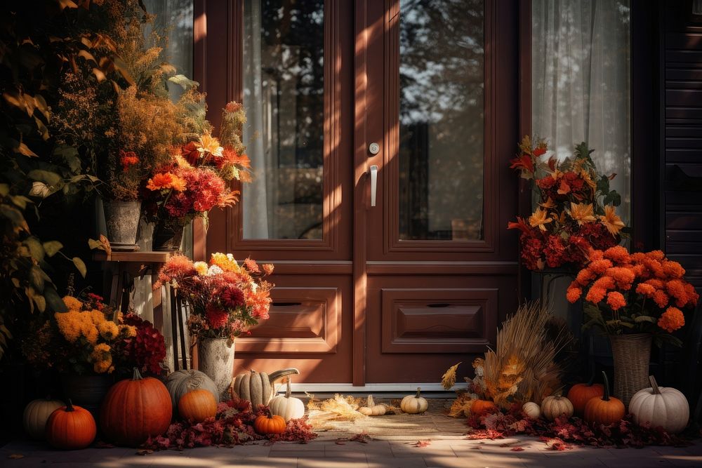 Front door with fall decor flower windowsill vegetable.