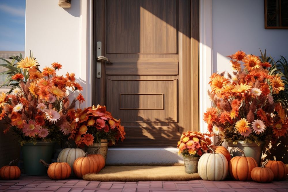 Front door with fall decor flower asteraceae vegetable.