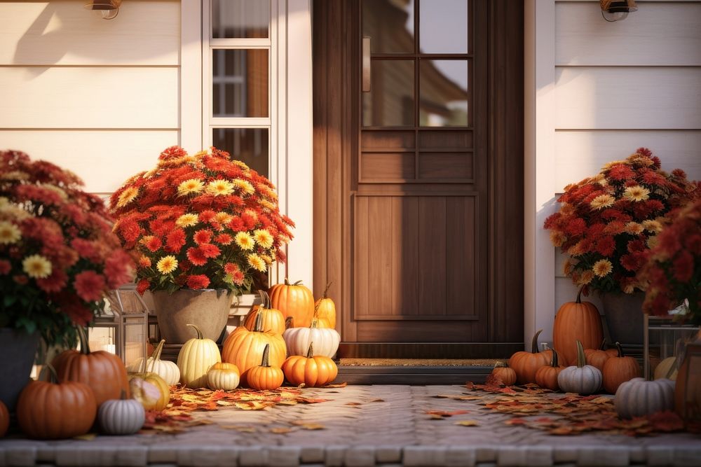 Front door with fall decor vegetable halloween festival.