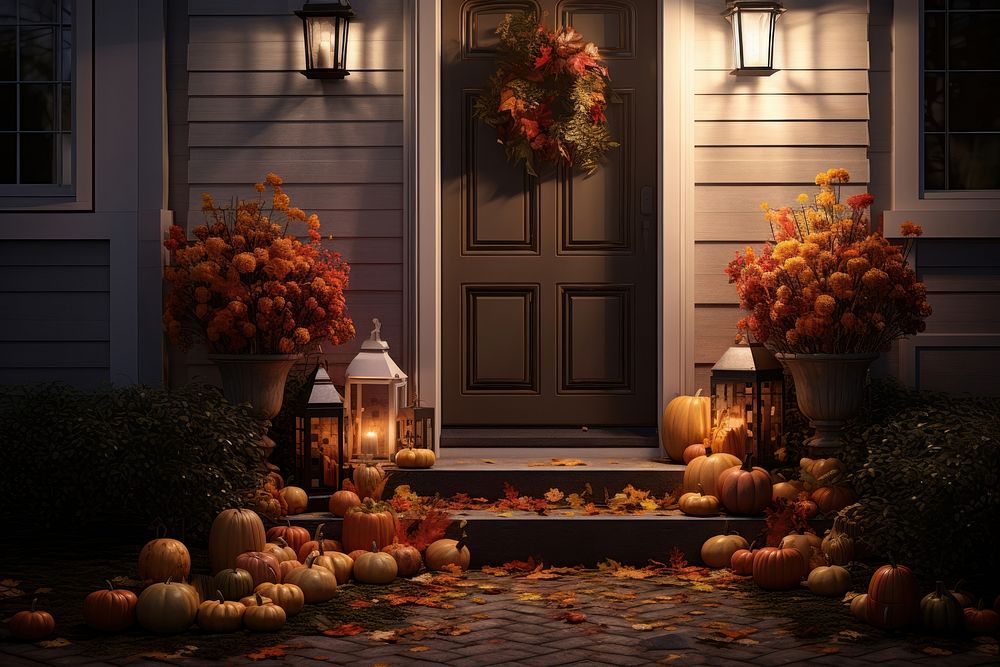Front door with fall decor festival produce lamp.