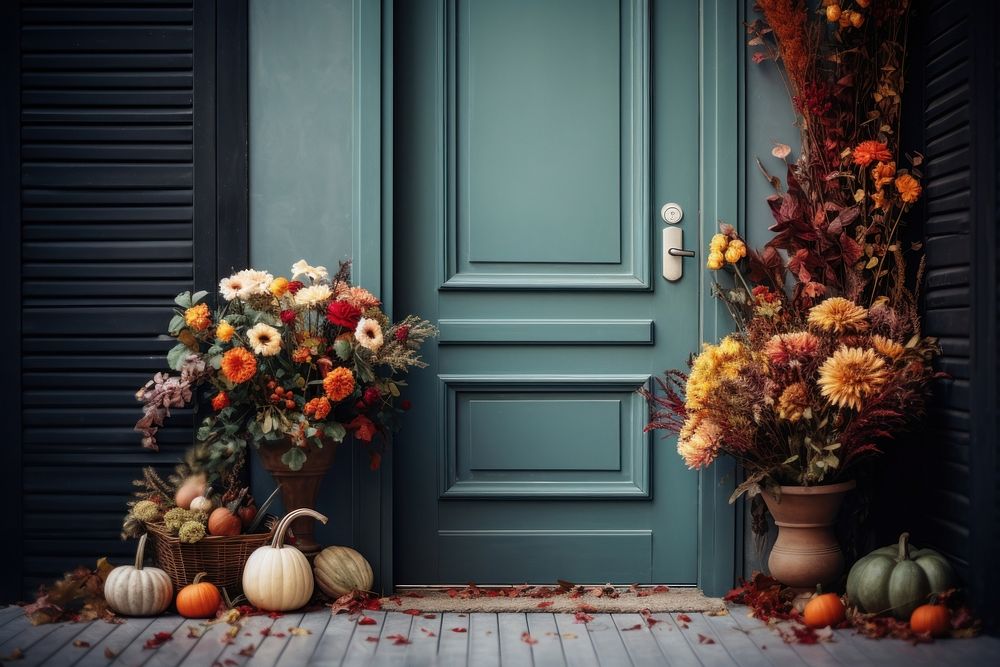 Front door with fall decor flower christmas festival.