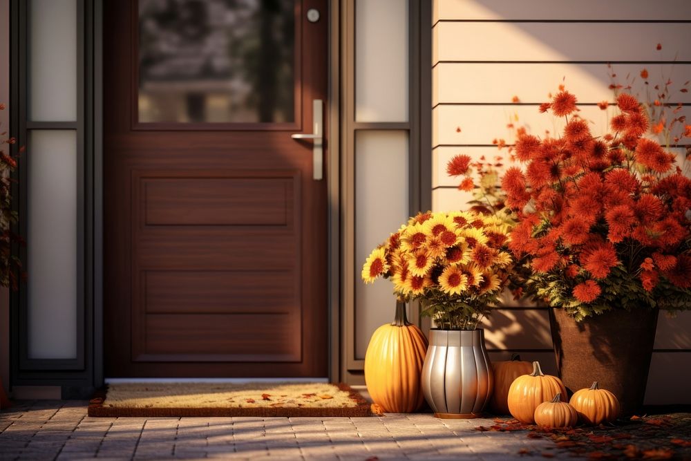 Front door with fall decor flower festival indoors.