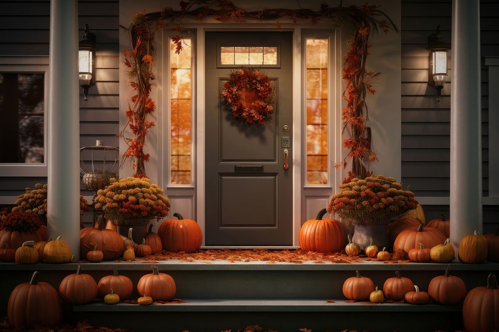Front door with fall decor pumpkin architecture vegetable.