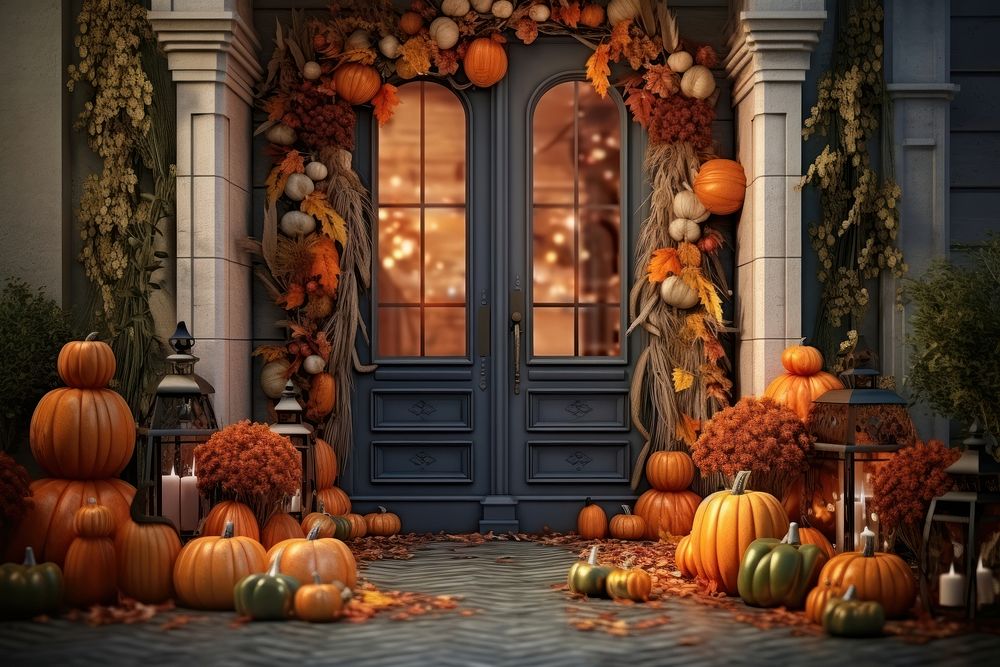 Front door with fall decor halloween festival candle.