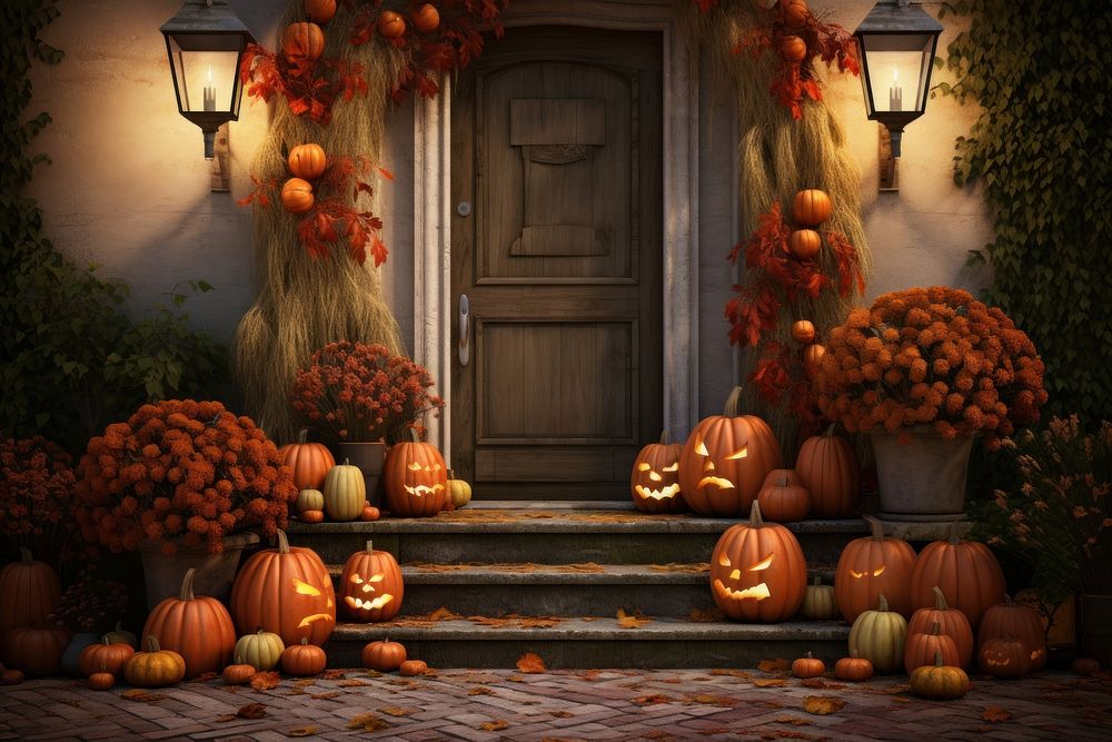 Front door with fall decor jack-o-lantern halloween festival.