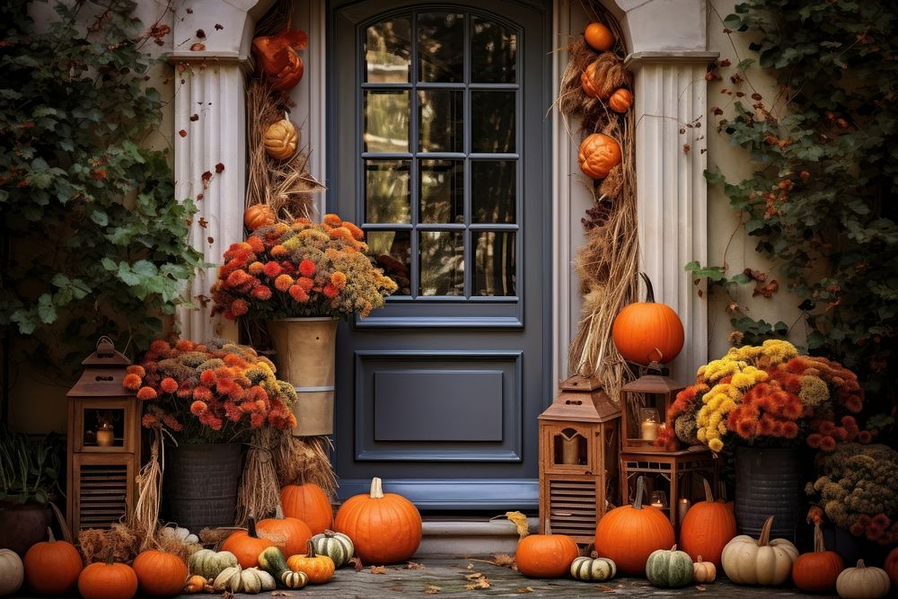 Front door with fall decor pumpkin halloween vegetable.