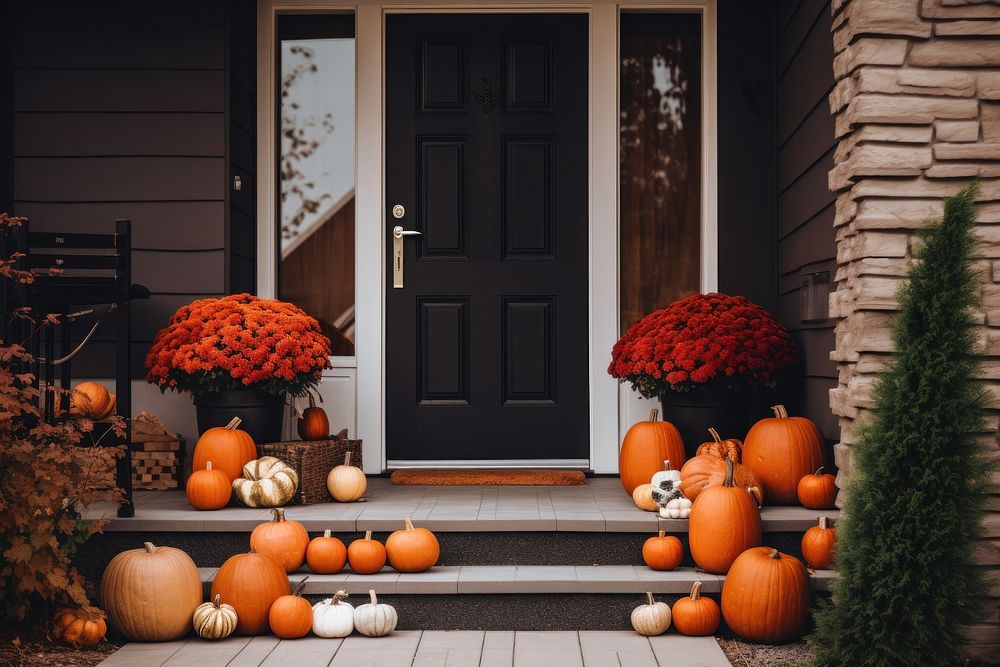 Front door with fall decor architecture halloween building.