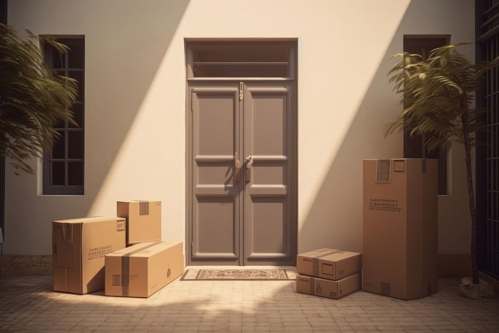 Front door with parcel boxes cardboard indoors package.
