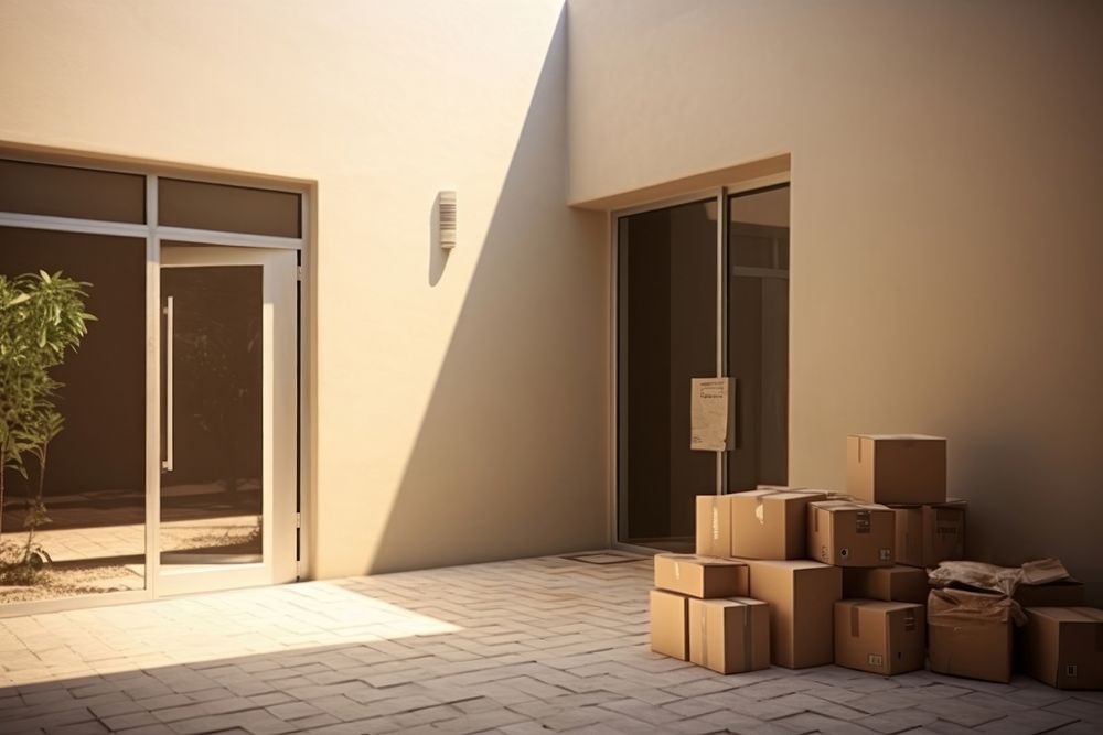 Front door with parcel boxes cardboard indoors package.