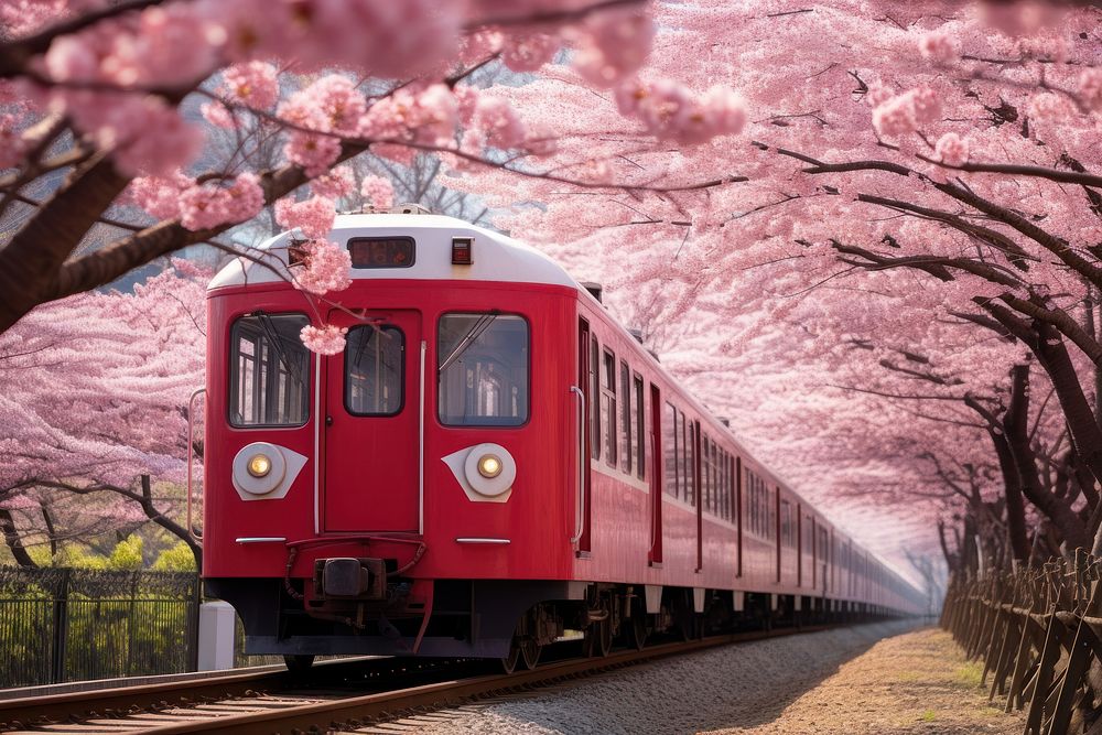 Cherry blossom with train in spring in Korea transportation railway vehicle.