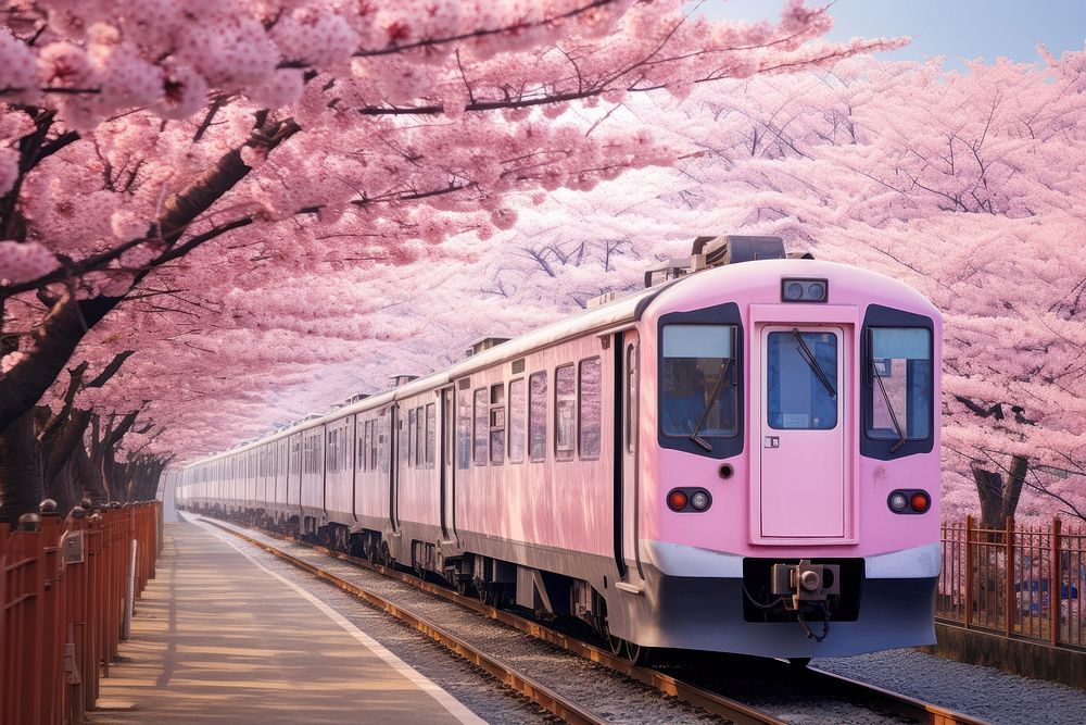Cherry blossom with train in spring in Korea transportation terminal railway.