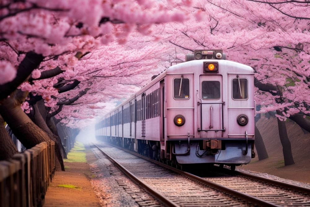 Cherry blossom with train in spring in Korea transportation terminal railway.