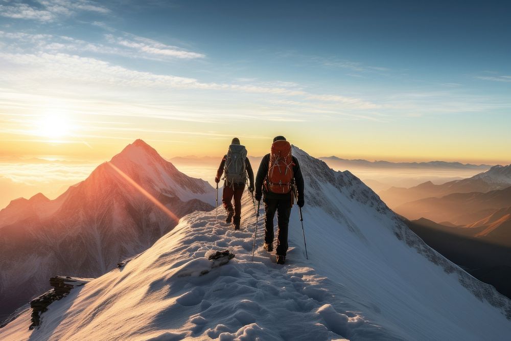 Climbers on a snowy ridge at sunrise backpacking recreation adventure.