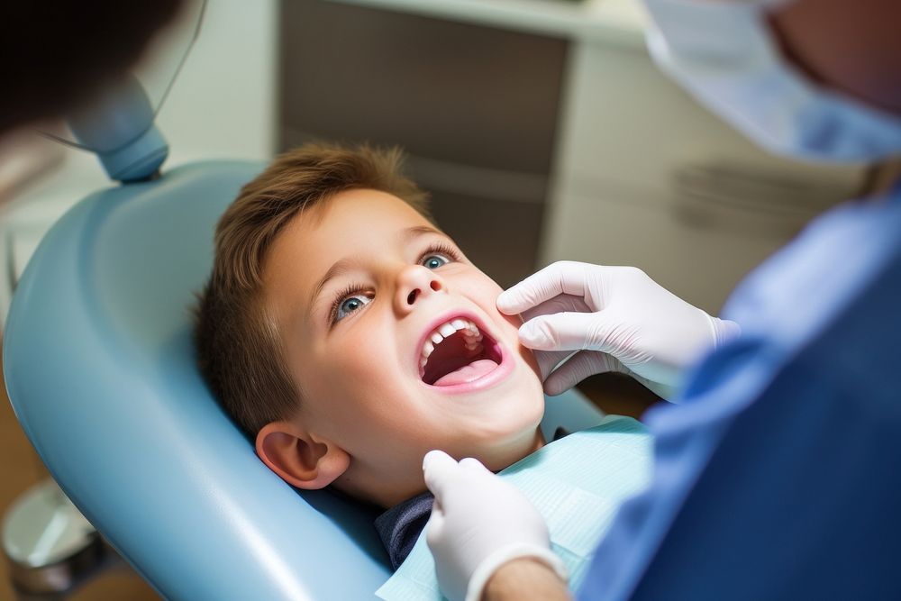Close up of boy having his teeth examined by a dentist clothing apparel person.
