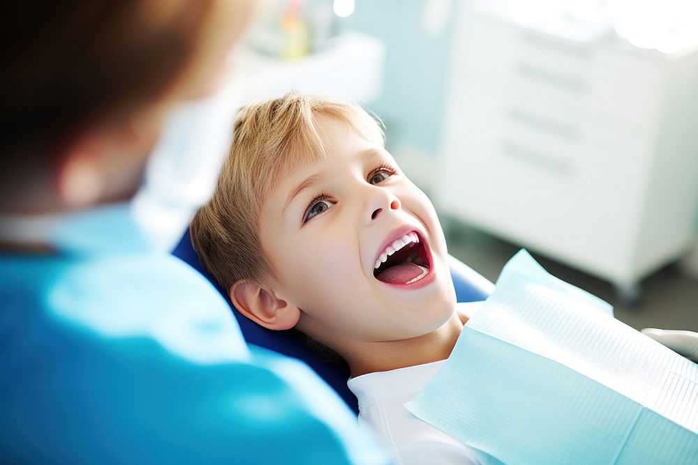 Close up of boy having his teeth examined by a dentist person human happy.