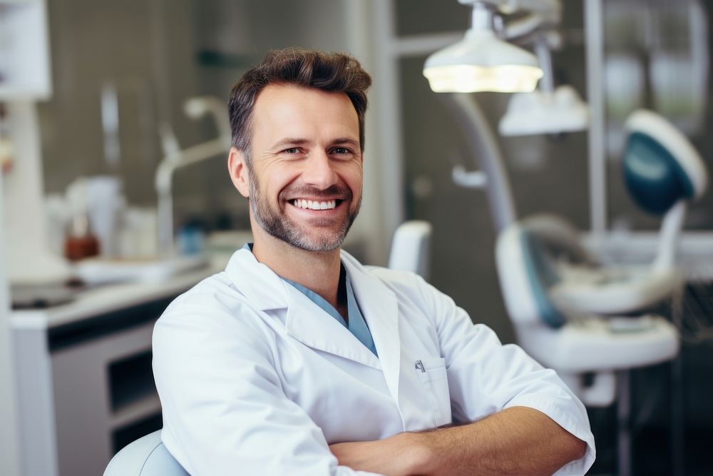 Close up of smiling dentist leaning against dentists chair in dental clinic person adult human.