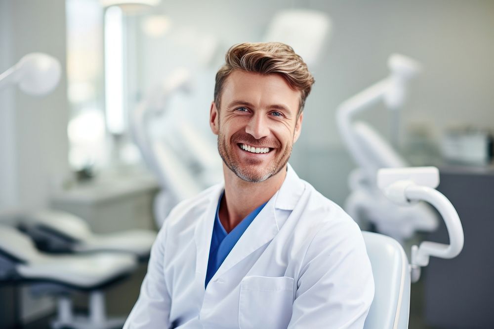 Close up of smiling dentist leaning against dentists chair in dental clinic clothing apparel person.