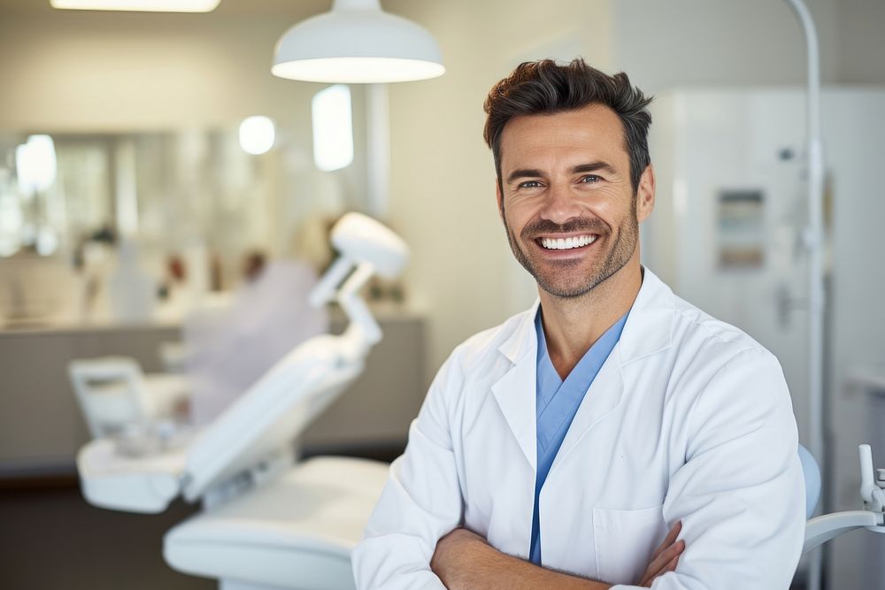 Close up of smiling dentist leaning against dentists chair in dental clinic person adult human.