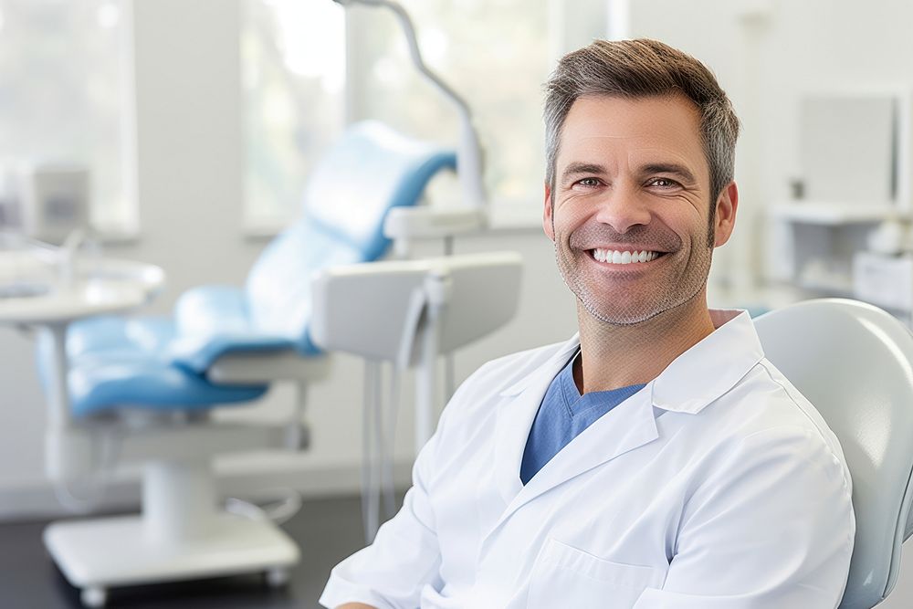 Close up of smiling dentist leaning against dentists chair in dental clinic person human adult.